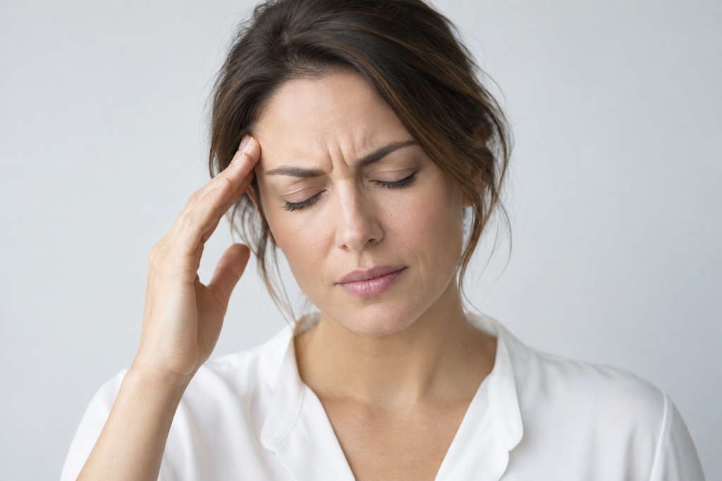Illustrative image of a woman touching her temple while experiencing a headache