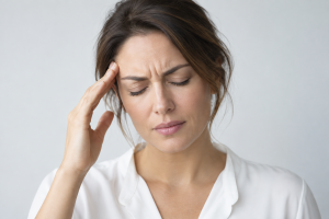 Illustrative image of a woman touching her temple while experiencing a headache